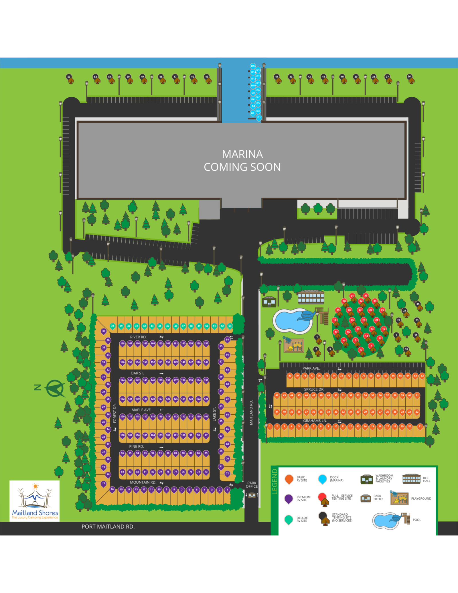 Park Map 1 Maitland Shores RV Park map in Port Maitland Ontario showing campsites roads and park layout near Lake Erie